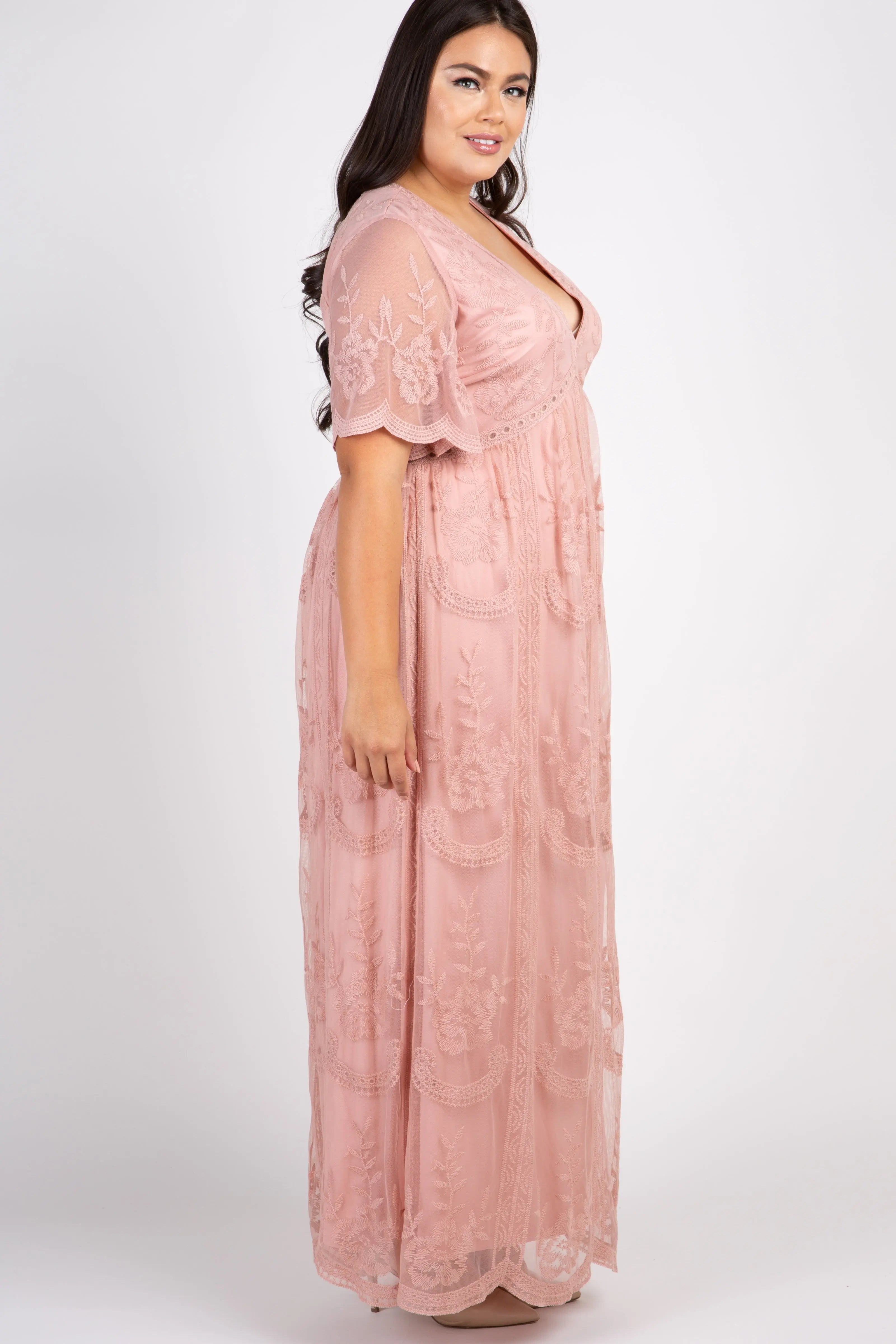 PinkBlush Light Pink Lace Mesh Overlay Plus Size Maxi Dress PinkBlush