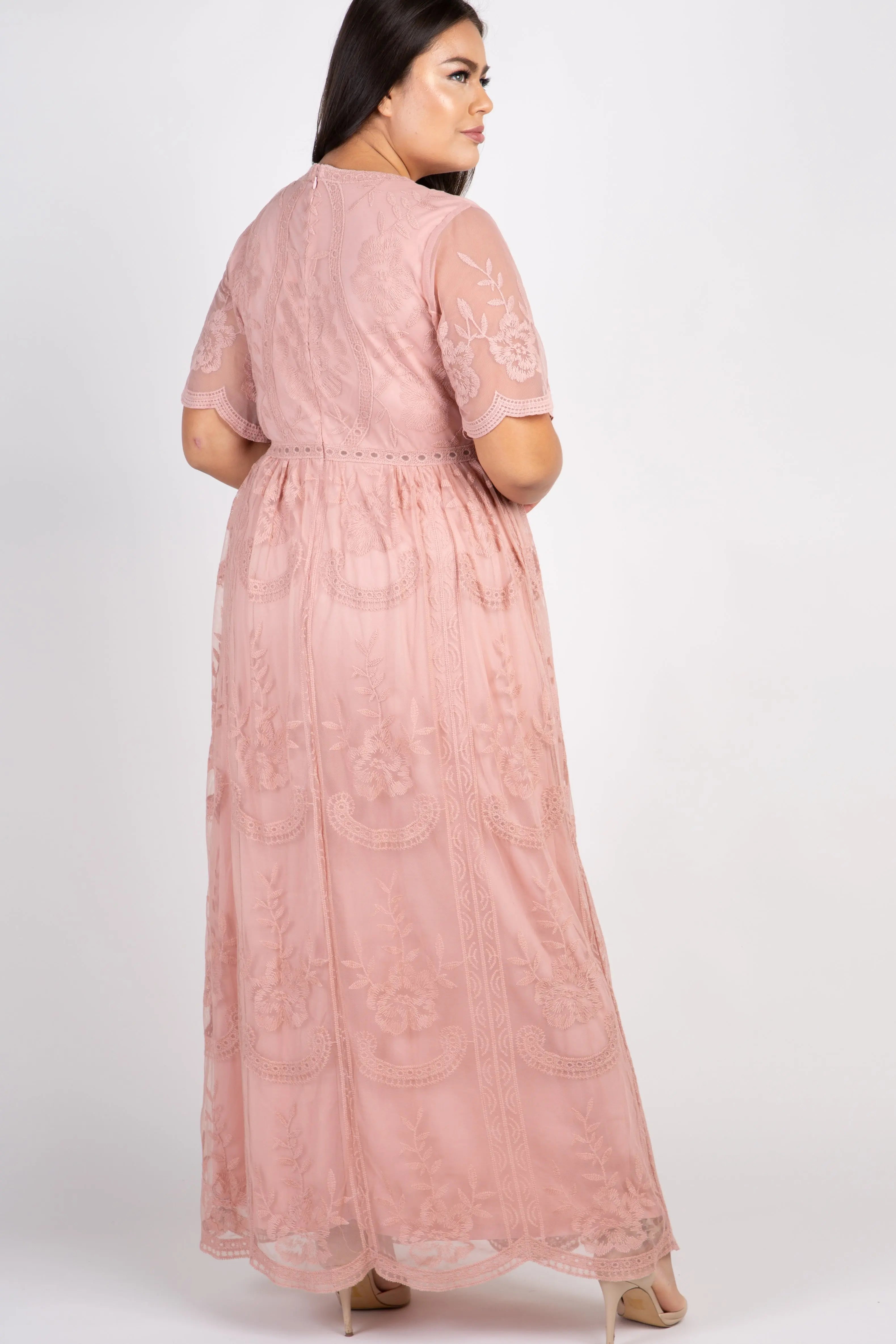 PinkBlush Light Pink Lace Mesh Overlay Plus Size Maxi Dress PinkBlush