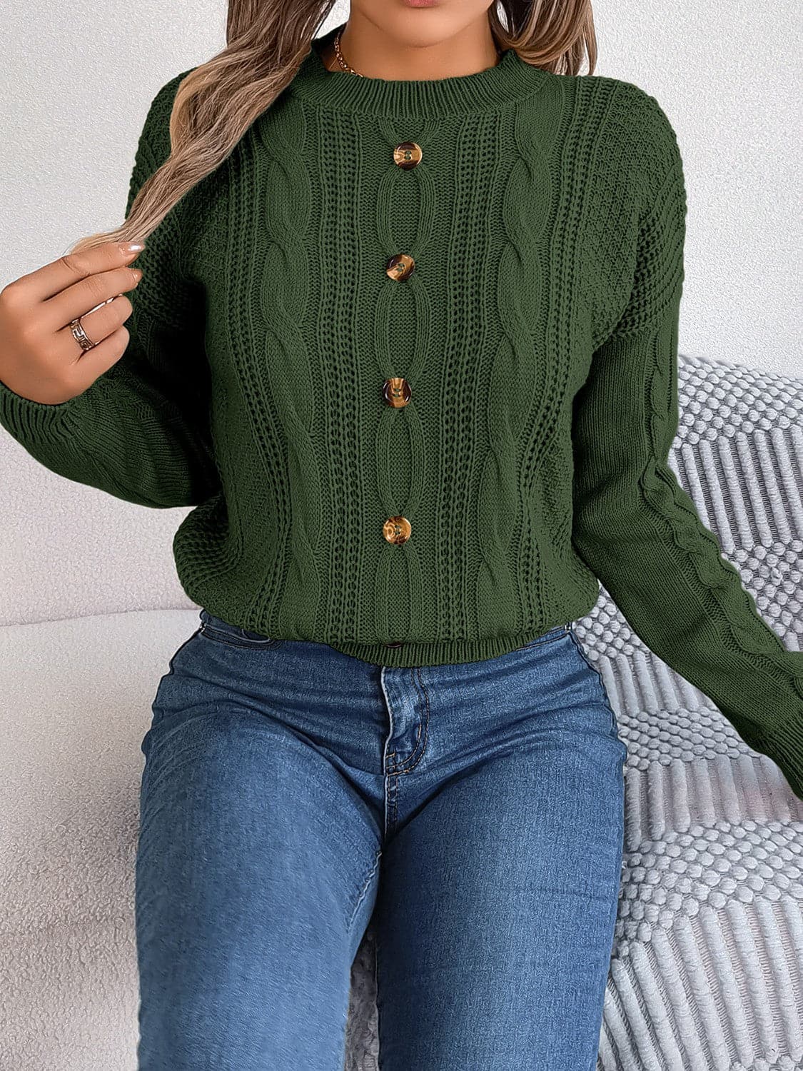 Cable-Knit Buttoned Round Neck Sweater.