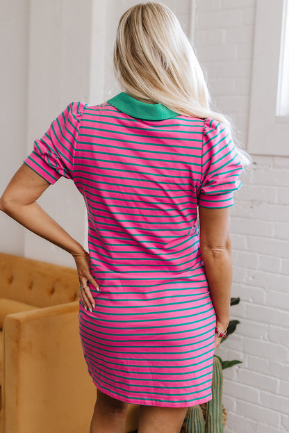 Pink Stripe Collared V Neck Puff Sleeve T Shirt Dress for Women