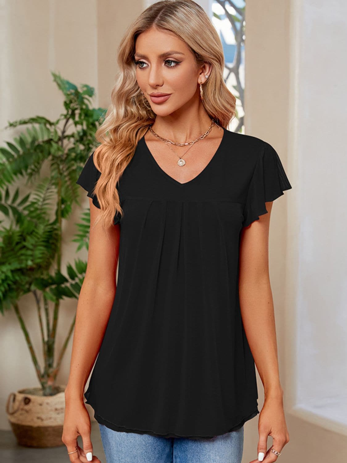 Ruched V-Neck Short Sleeve T-Shirt.