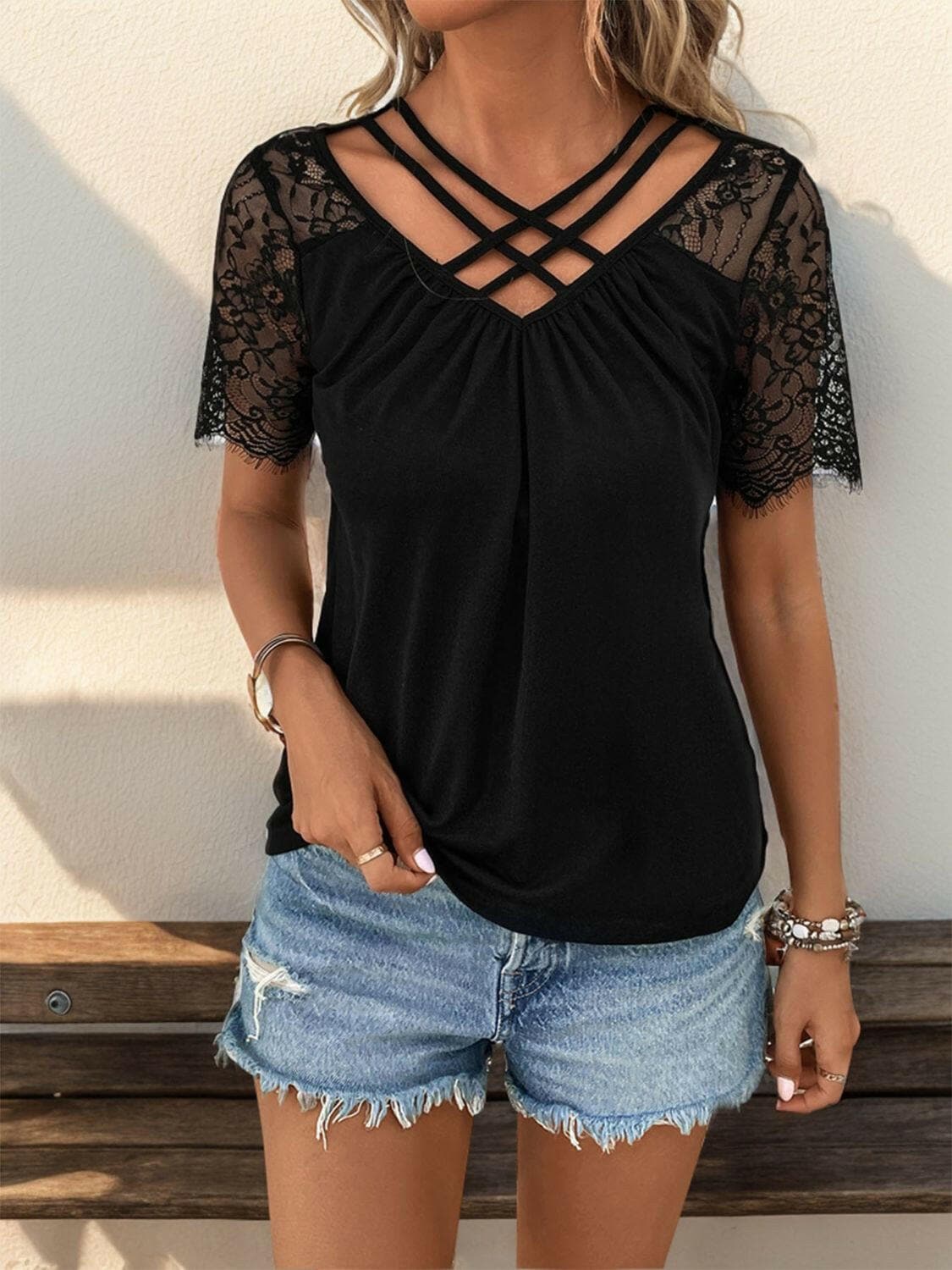 Lace Detail V-Neck Short Sleeve T-ShirtLace Detail V-Neck Short Sleeve T-Shirt

Upgrade your everyday look with our Lace Detail V-Neck Short Sleeve T-Shirt. Featuring a blend of femininity and casual stylLove Salve -Neck Short SleeveT-Shirts