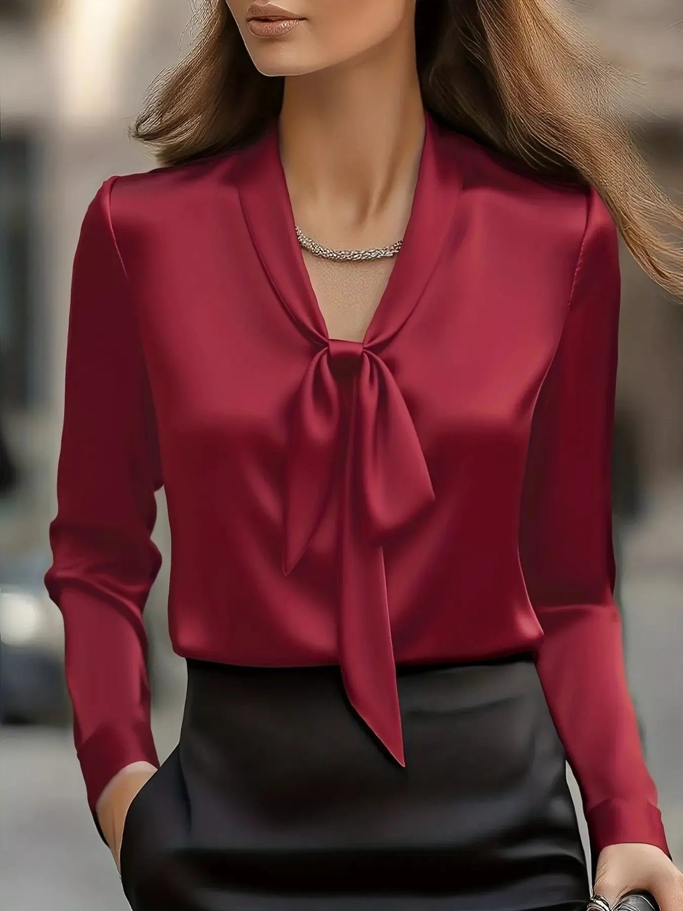 Satin Tie Front Long Sleeve Blouse Simply Love