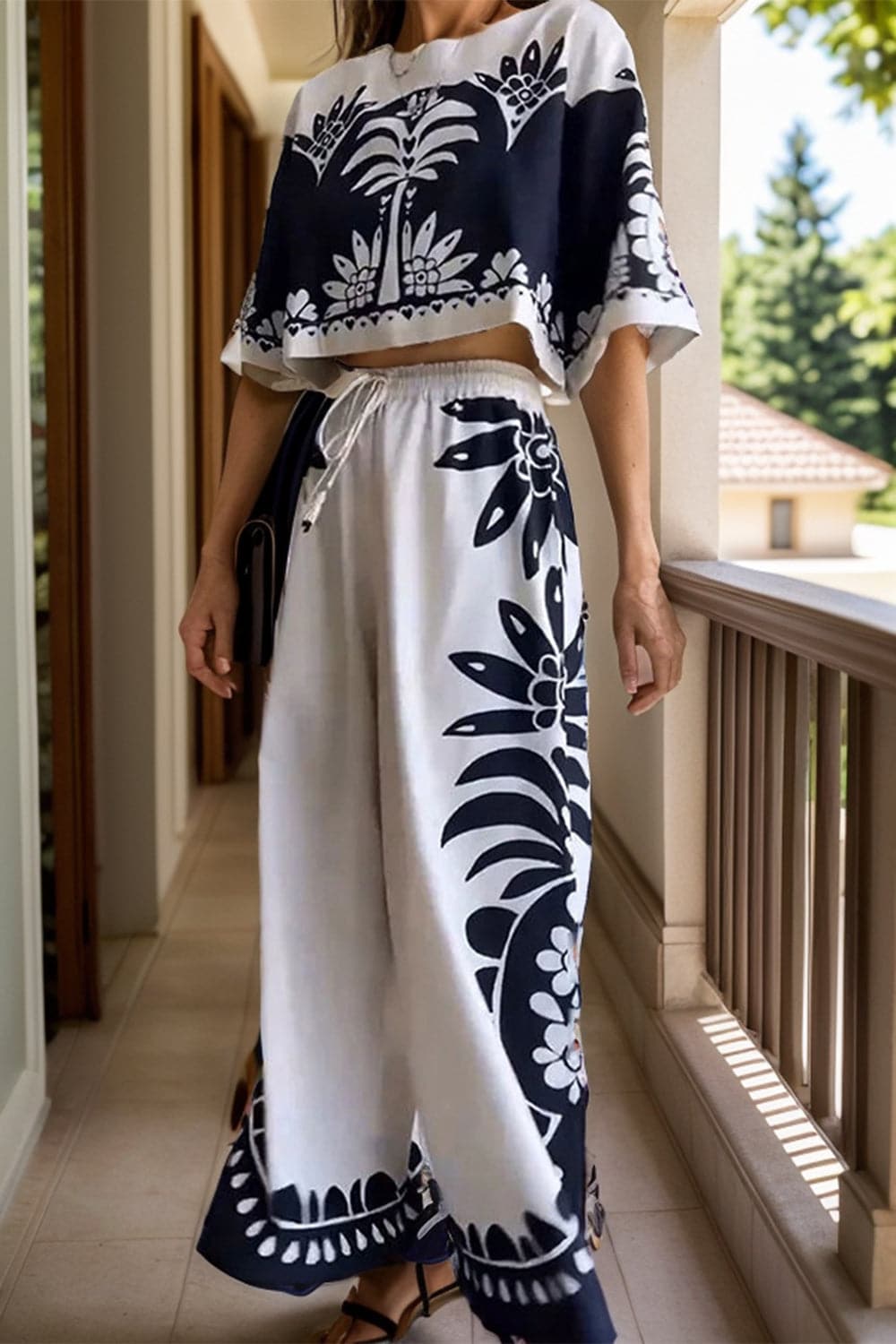 Printed Half Sleeve Top and Wide Leg Pants Set.