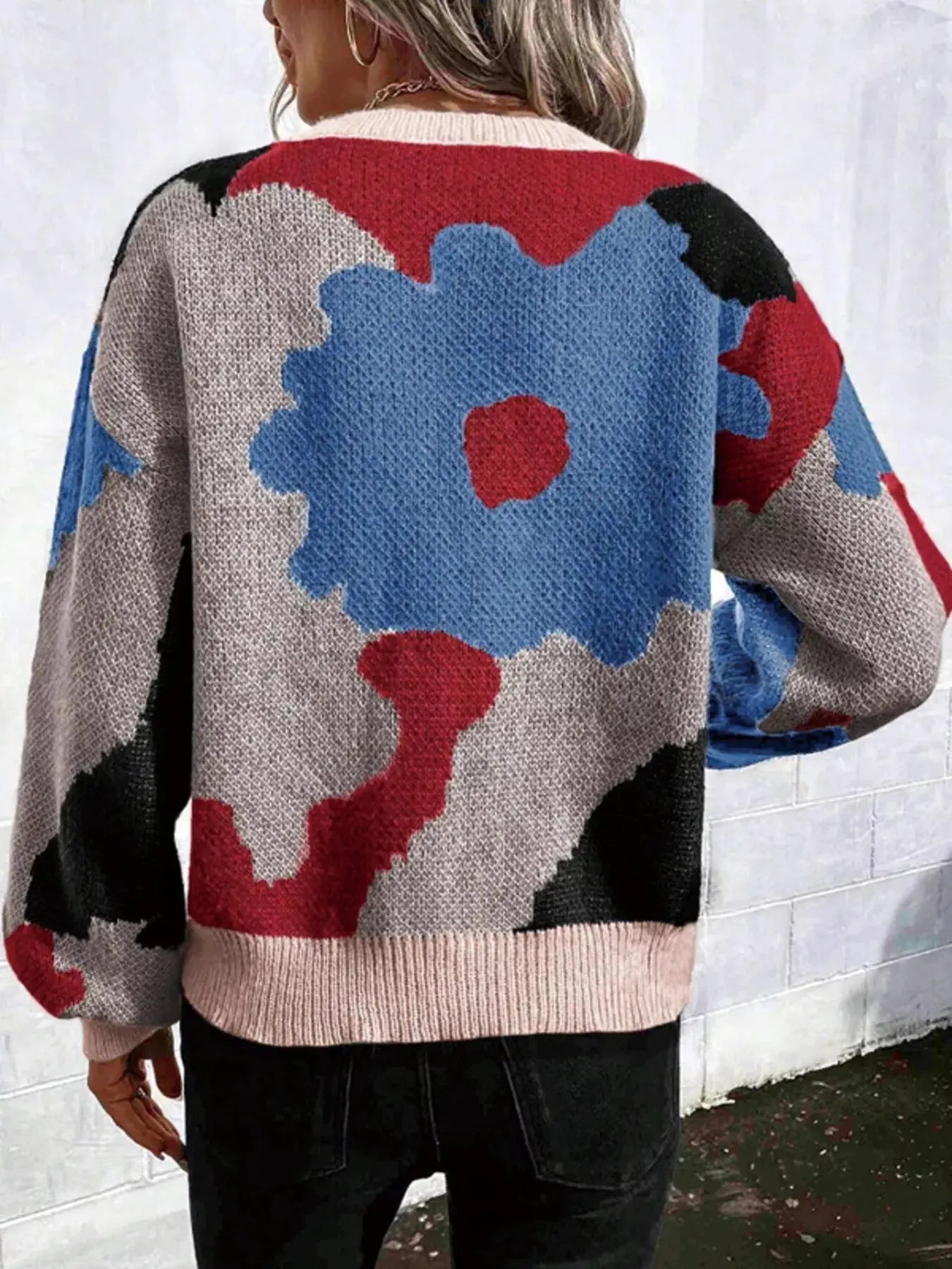 Floral Pattern Round Neck Sweater Simply Love