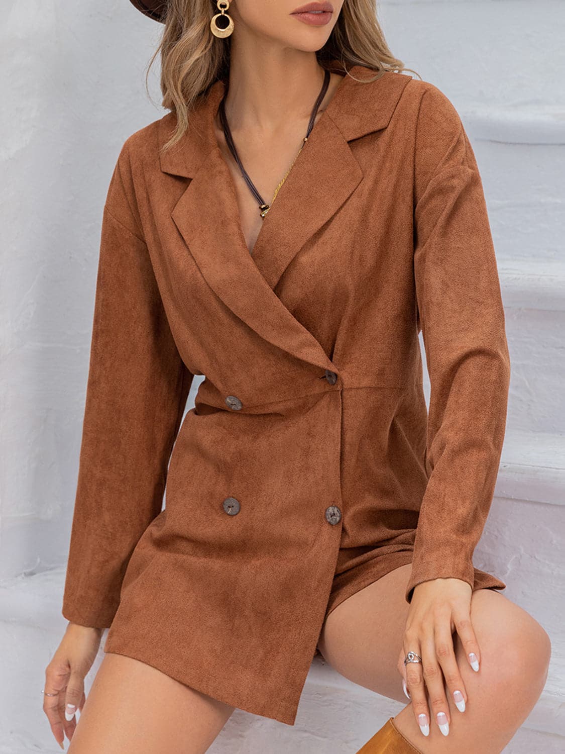 Lapel Collar Long Sleeve Romper.