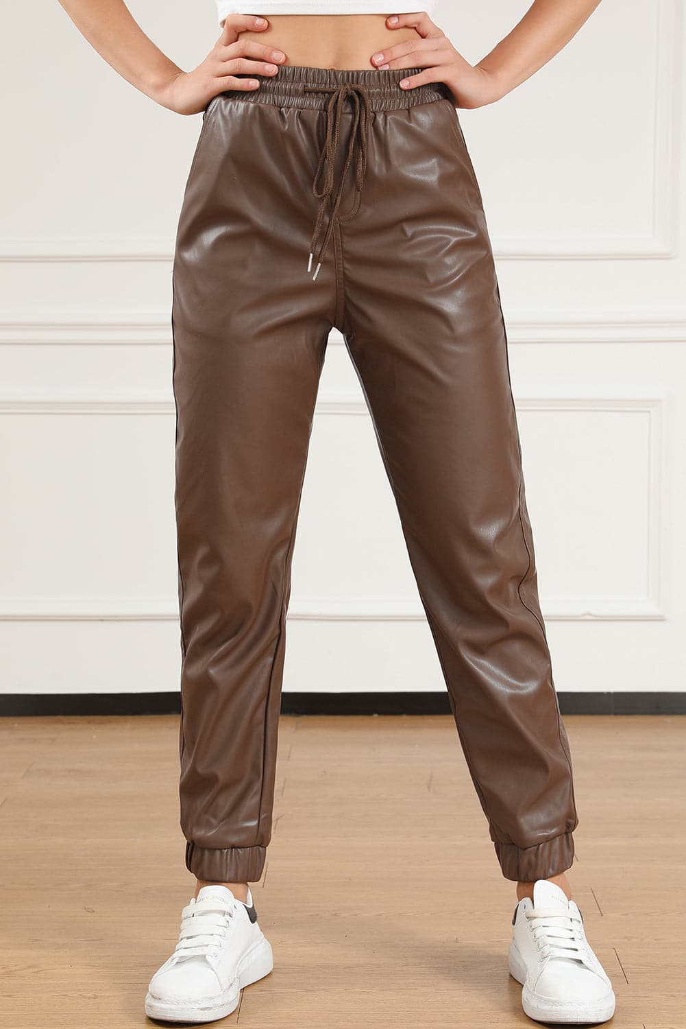 Drawstring PU Leather Pants.