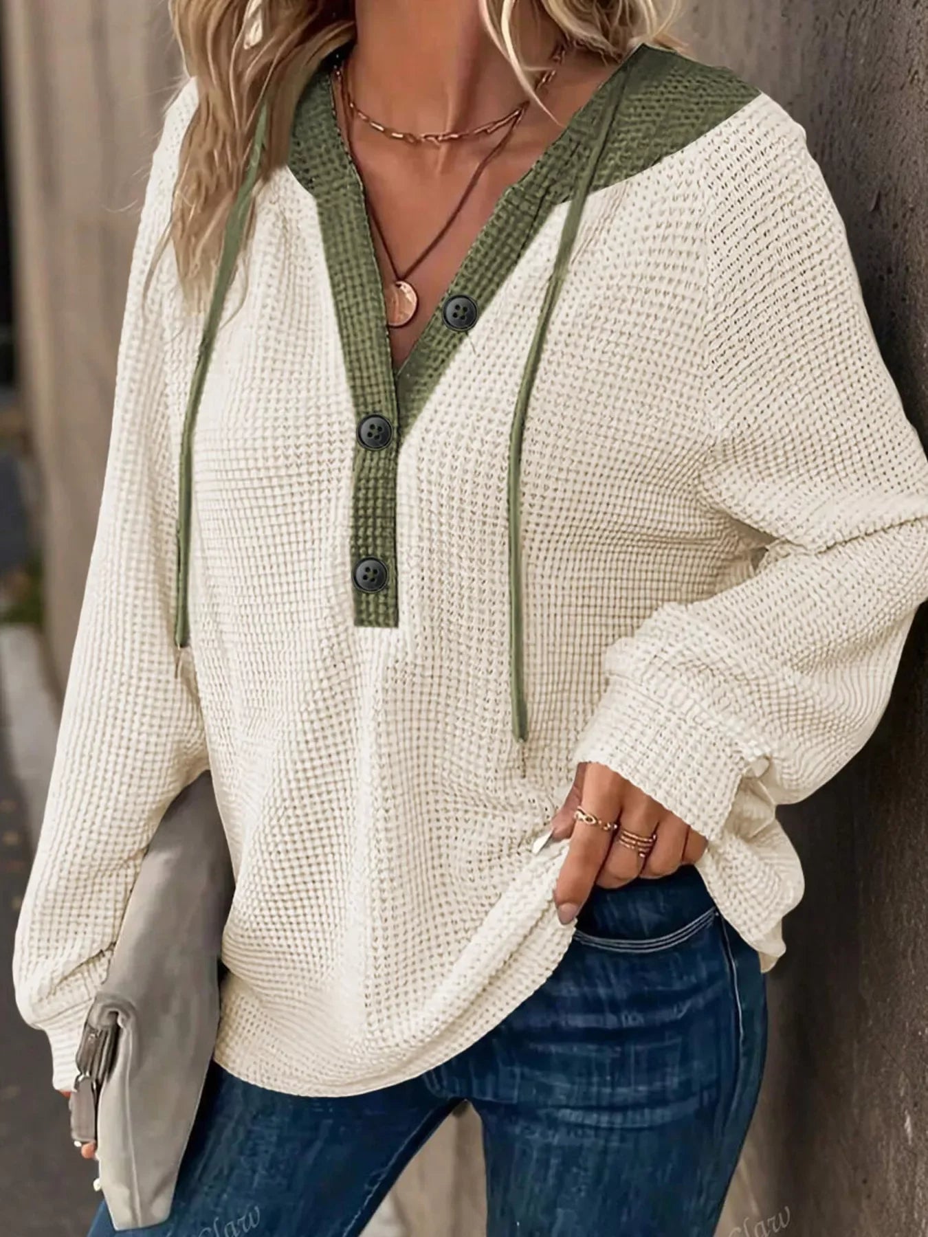 Waffle Knit Button Detail Drawstring Hoodie Simply Love