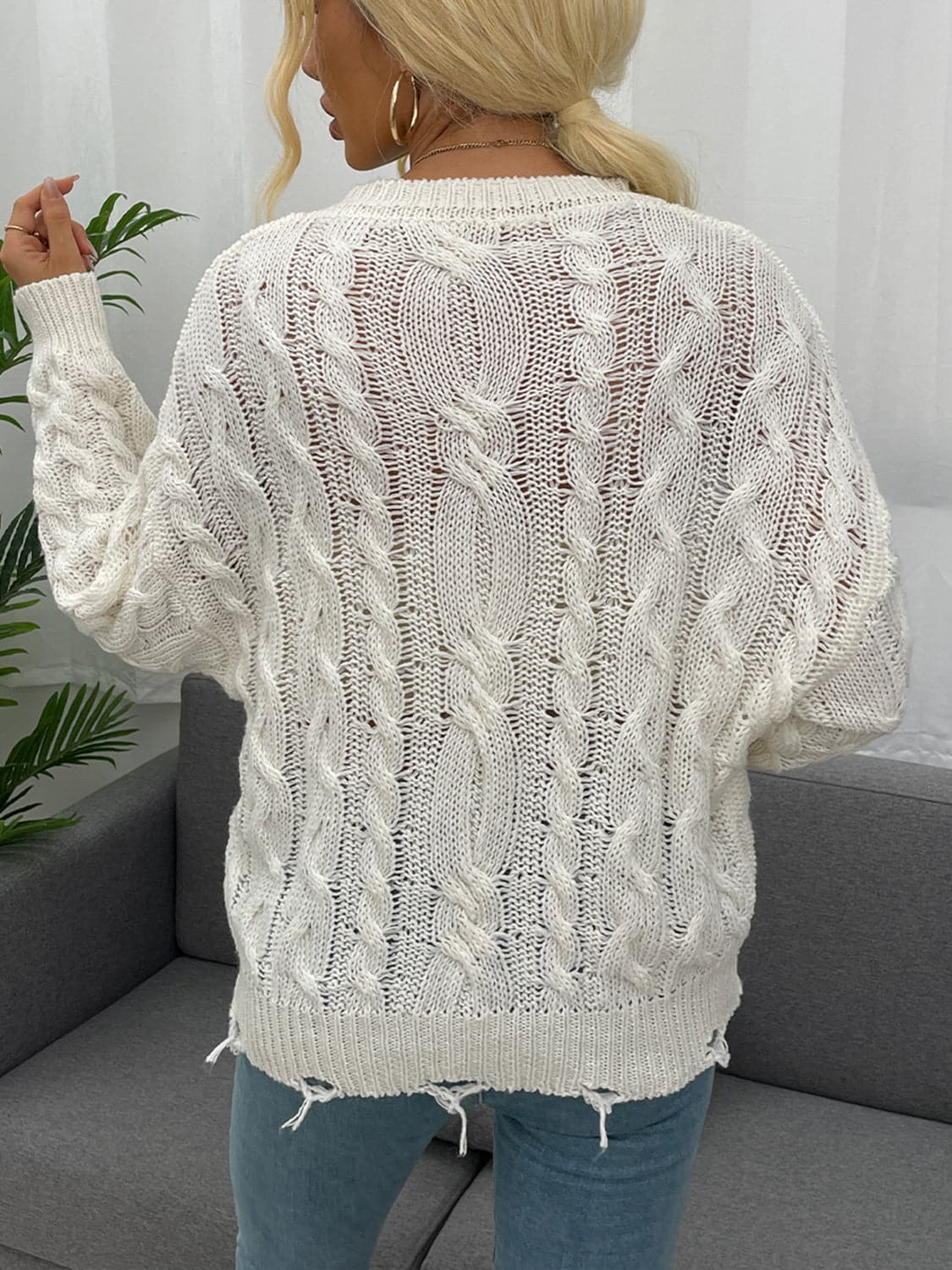 Openwork Distressed Long Sleeve Sweater.