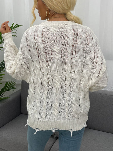 Openwork Distressed Long Sleeve Sweater.