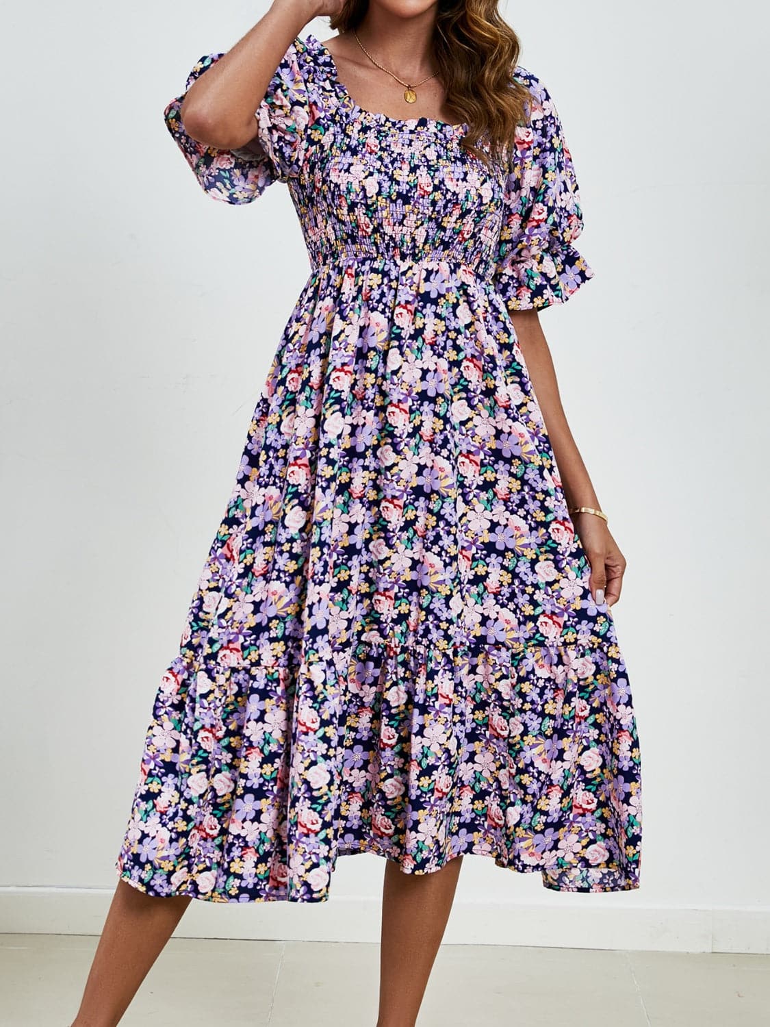 Smocked Floral Square Neck Short Sleeve Dress.