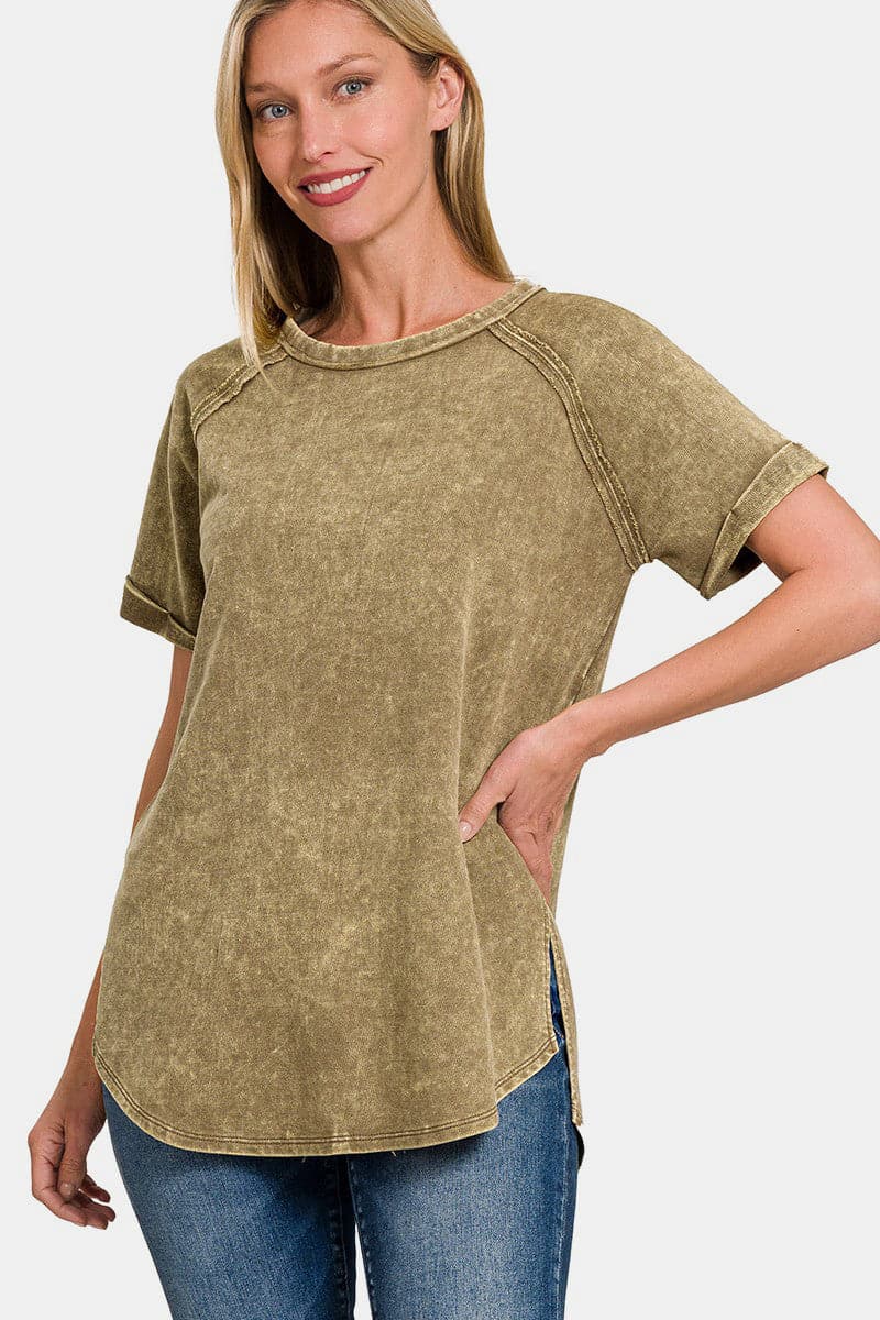 Zenana Heathered Round Neck Short Sleeve Top.