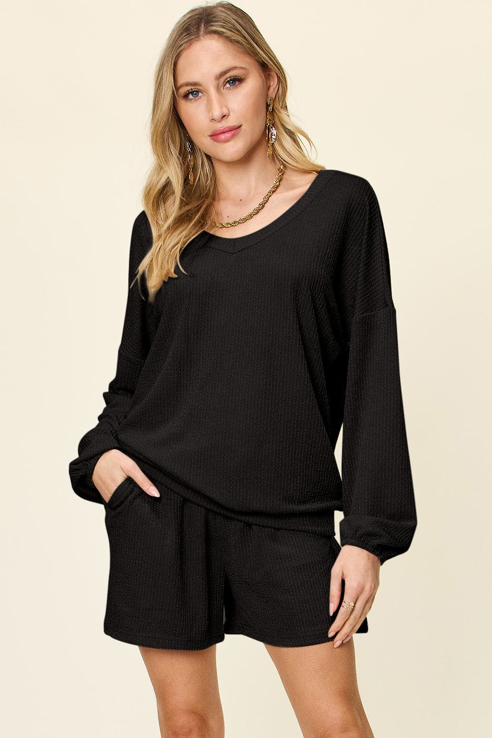 Double Take Full Size Texture V-Neck Long Sleeve T-Shirt and Shorts Set.