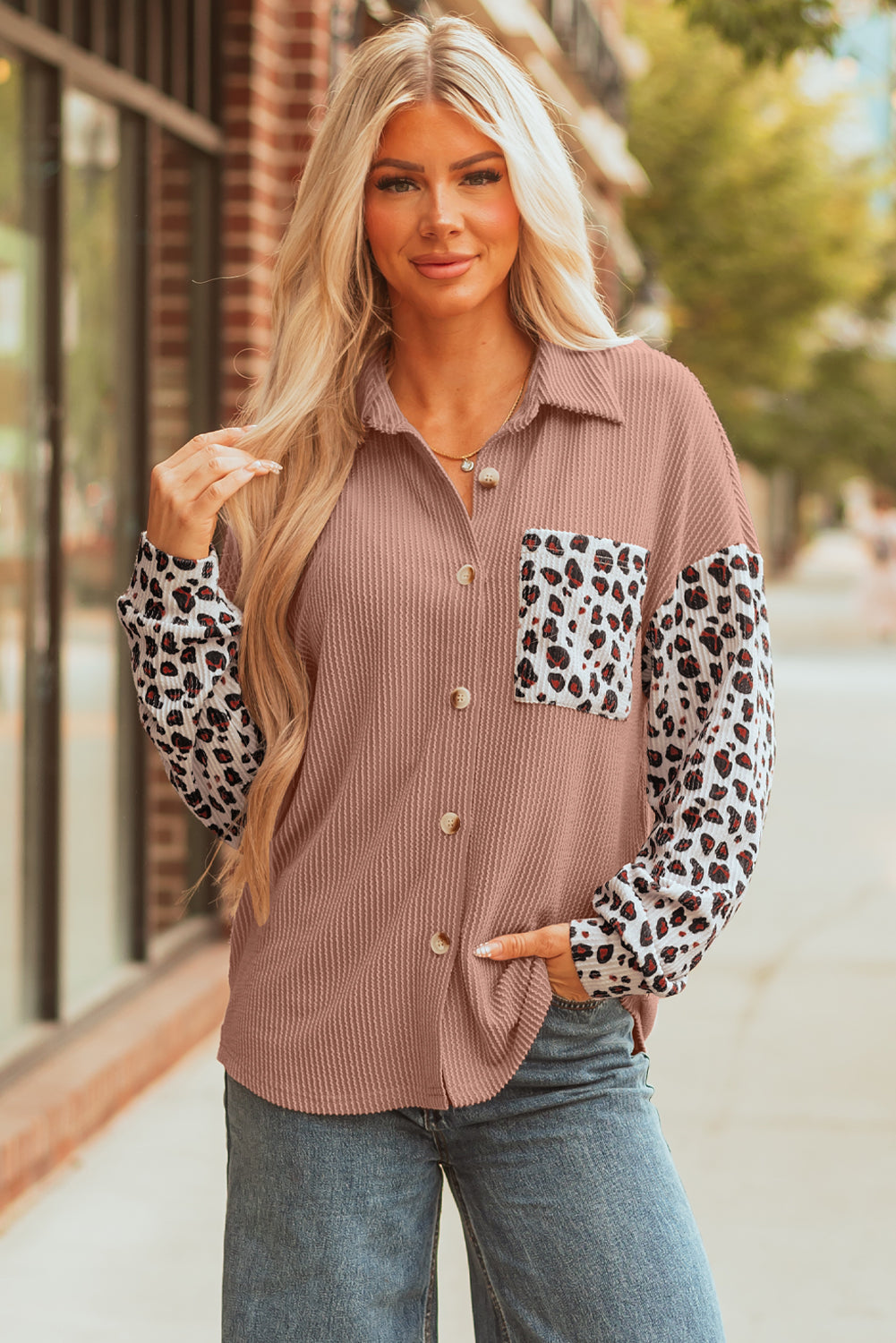 Dark Khaki Leopard Patched Twisted Ribbed Western Casual Shacket Love Salve