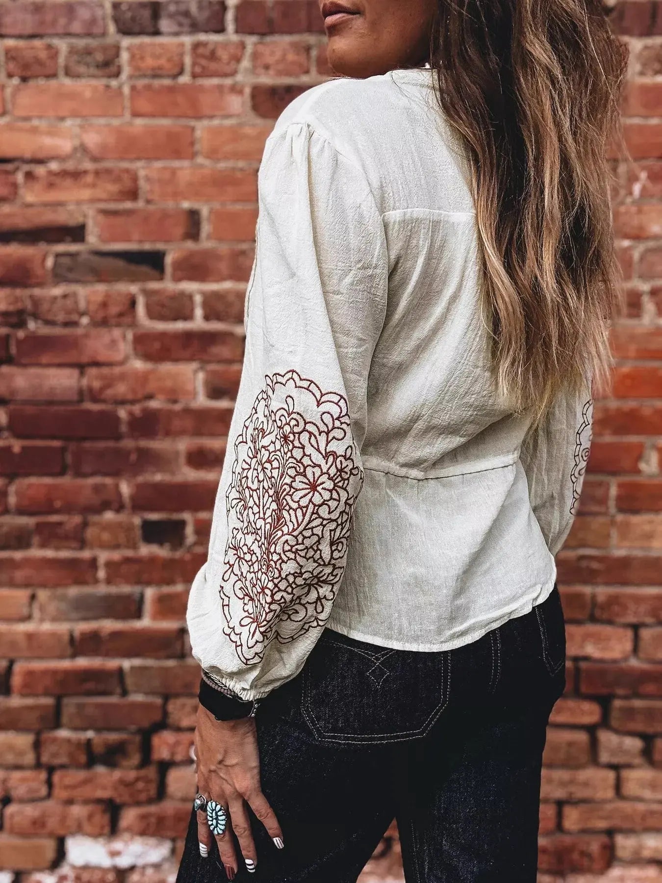 Embroidered Drawstring Waist Blouse Simply Love