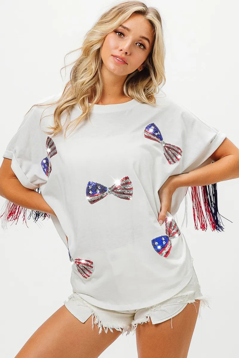 BiBi American Flag Sequin Ribbon T-Shirt - Love Salve 