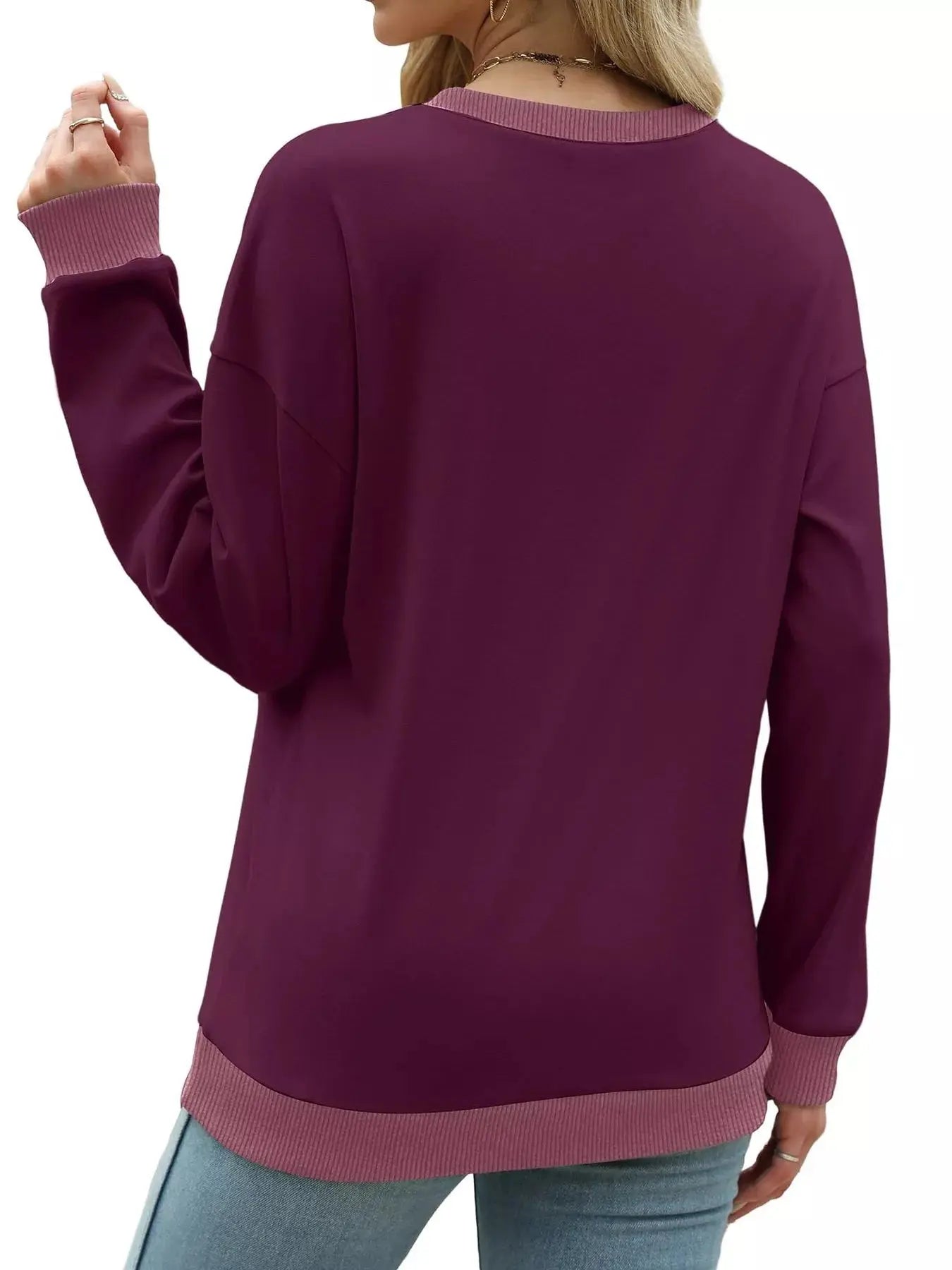 Contrast Trim Crew Neck Casual Sweatshirt Simply Love