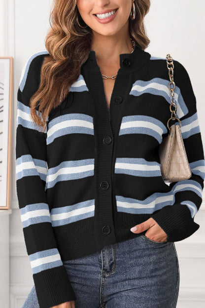 Striped Button Down Long Sleeve Cardigan