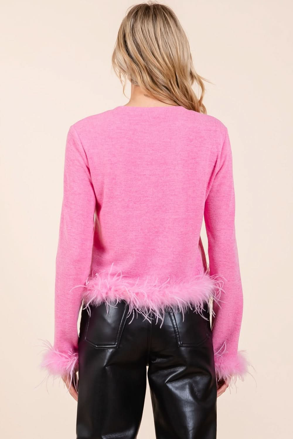 Mittoshop Feather Trim Long Sleeve Crop Hacci Knit Top