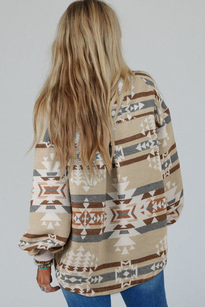 Chic apricot Aztec collared sweatshirt with flap pockets