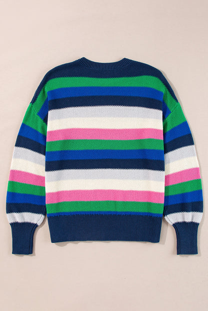 Vibrant Green Striped Drop Shoulder Crew Neck Sweater