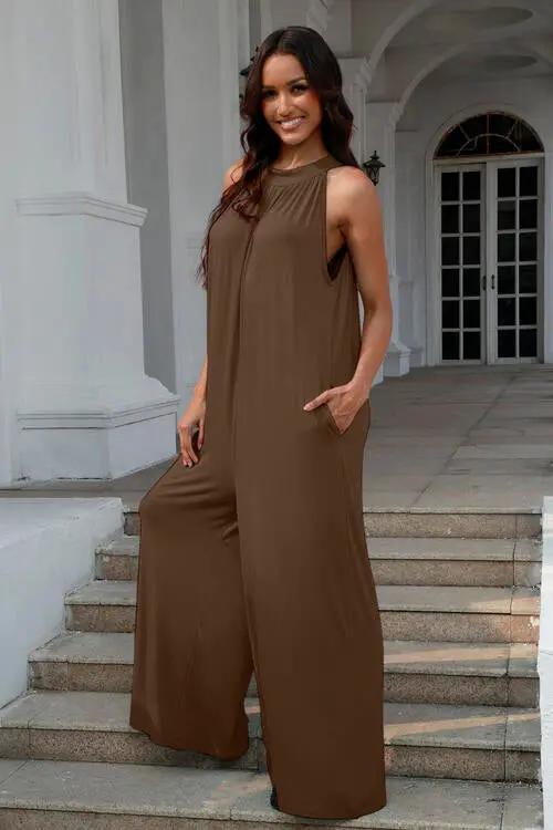 Double Take Full Size Tie Back Cutout Sleeveless Jumpsuit - Love Salve