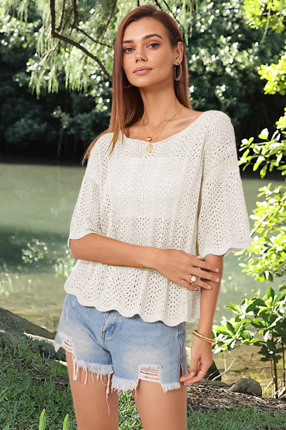 Openwork Round Neck Half Sleeve Knit Top.