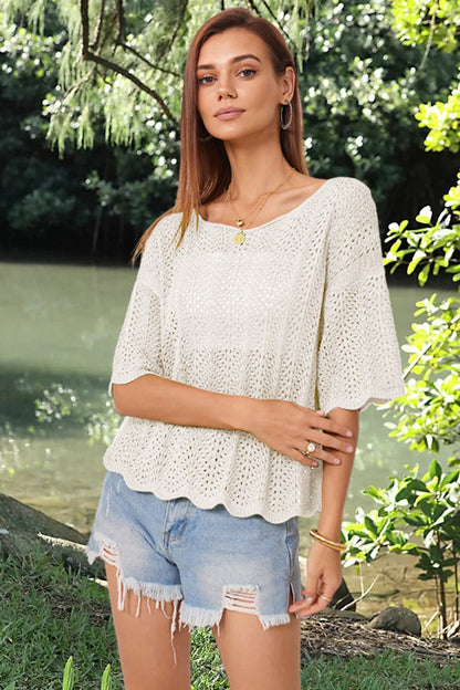 Openwork Round Neck Half Sleeve Knit Top.