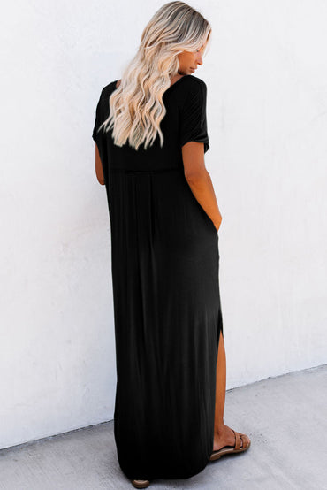 Elegant black v-neck maxi t-shirt dress with hidden pockets and stylish splits