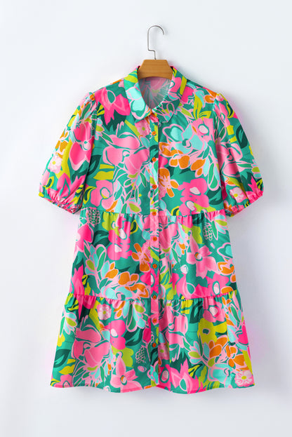 Floral green puff sleeve tiered shirt dress for a chic look