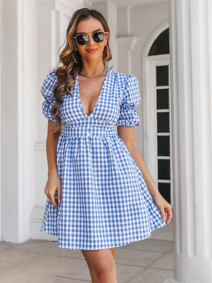 Decorative Button Plaid Short Sleeve Dress.