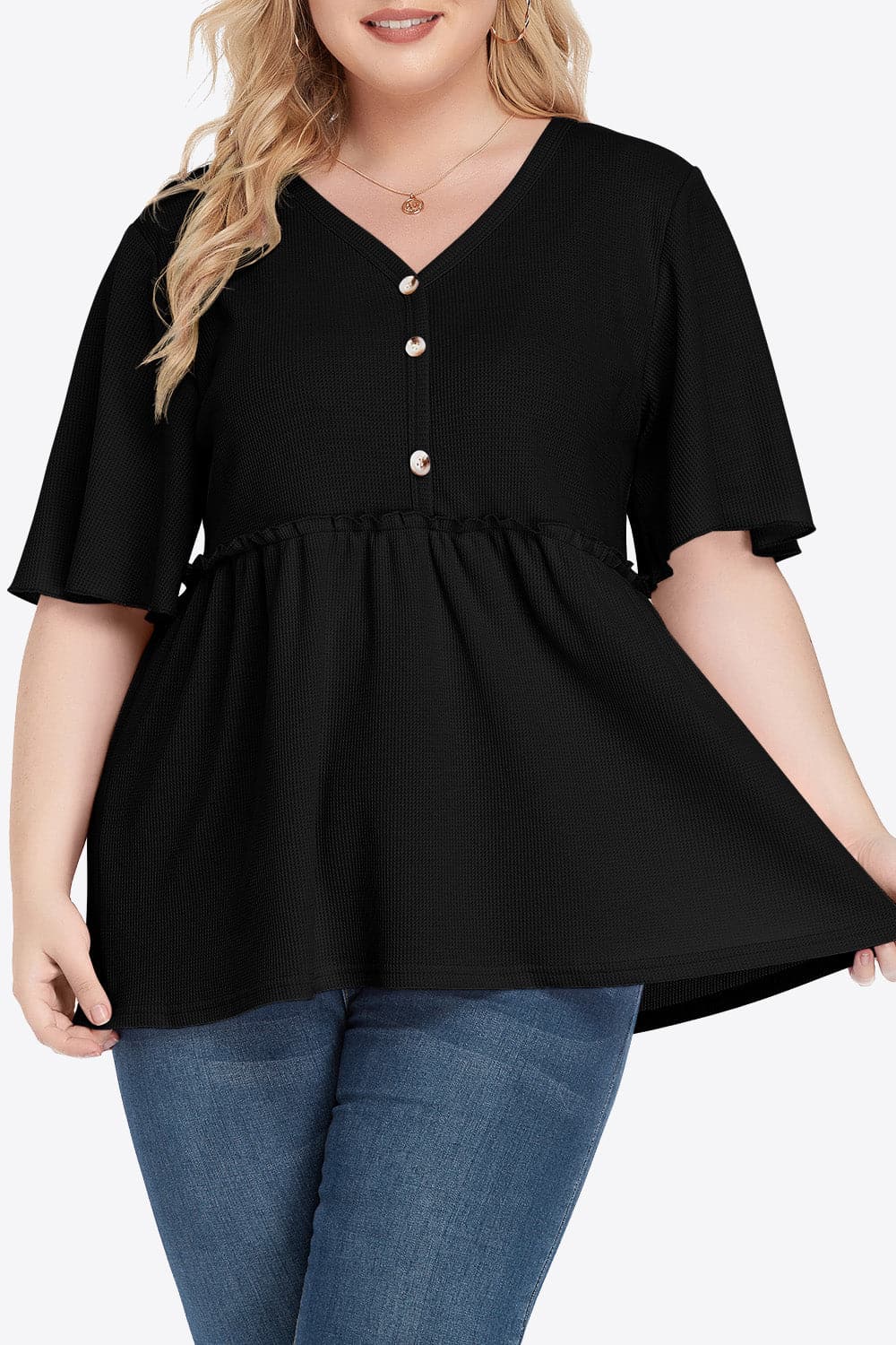 Plus Size Buttoned V-Neck Frill Trim Babydoll Blouse.