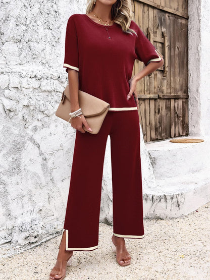 Contrast Trim Round Neck Top and Pants Set.