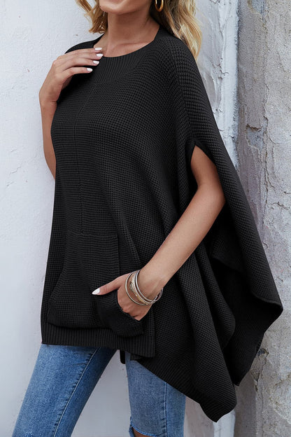 Waffle-Knit Pocketed Cape Sleeve Sweater.