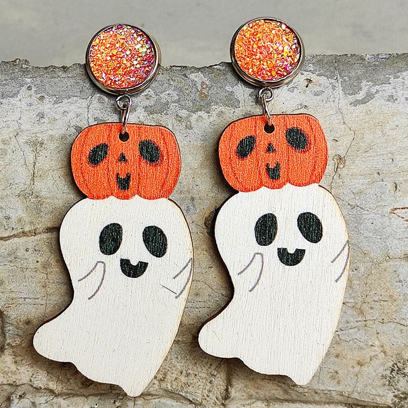 Whimsical ghost-shaped wooden dangle earrings