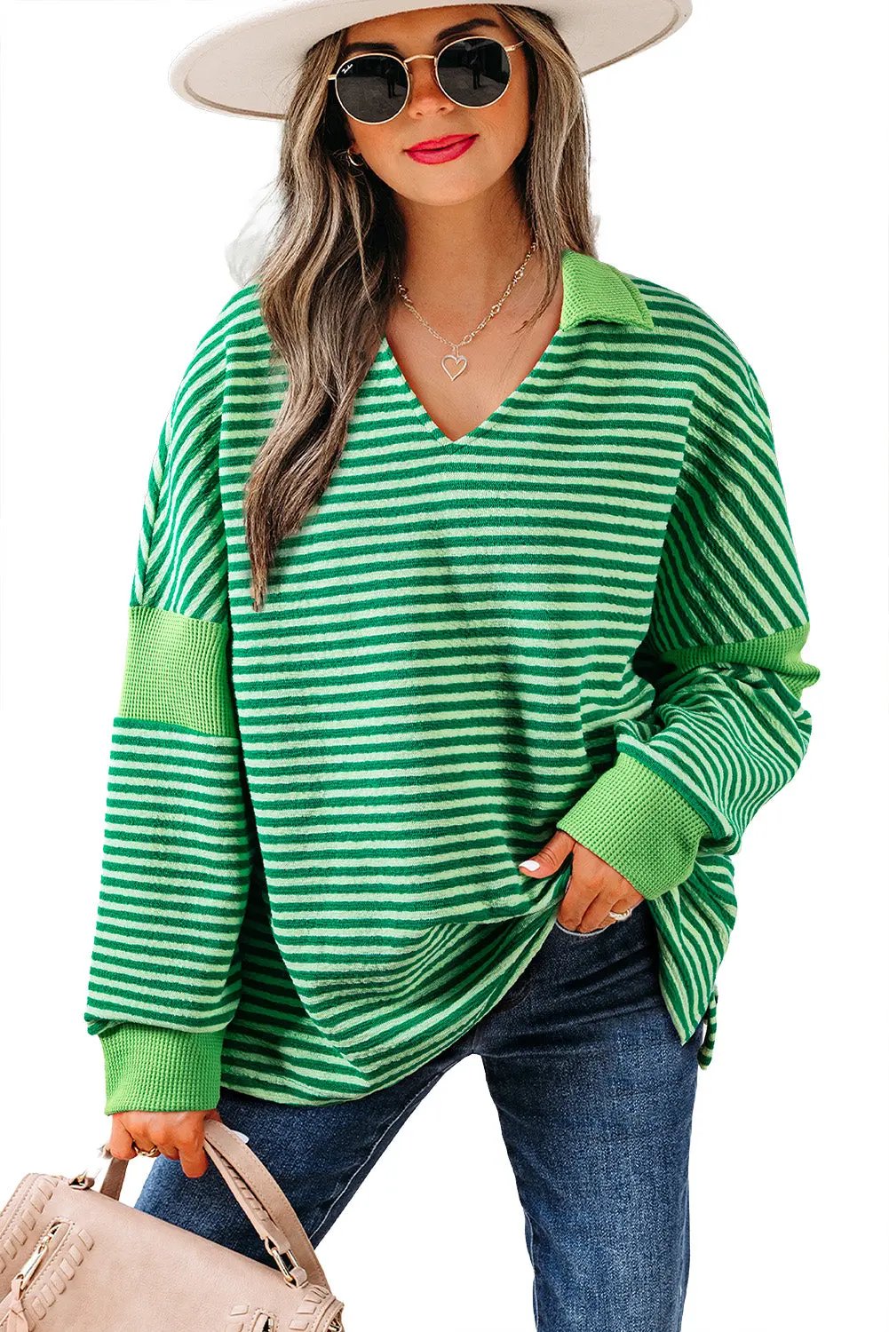 Chic green striped v-neck top Love Salve