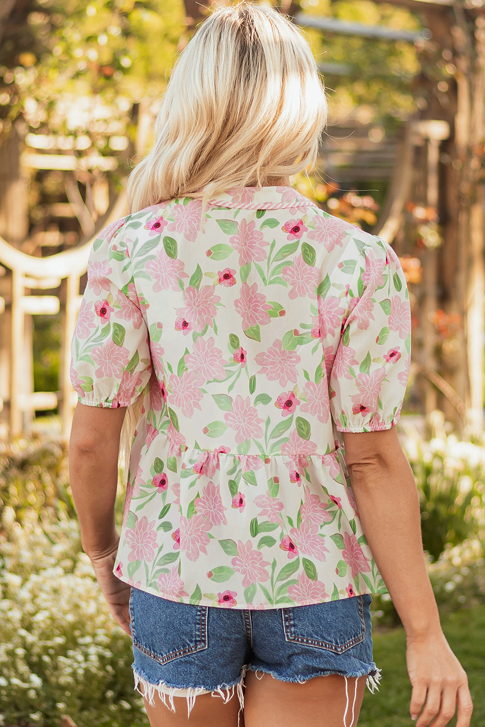 Pink Floral Print Drawstring V Neck Peplum Blouse for Women