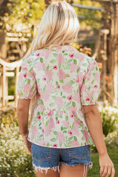 Pink Floral Print Drawstring V Neck Peplum Blouse for Women