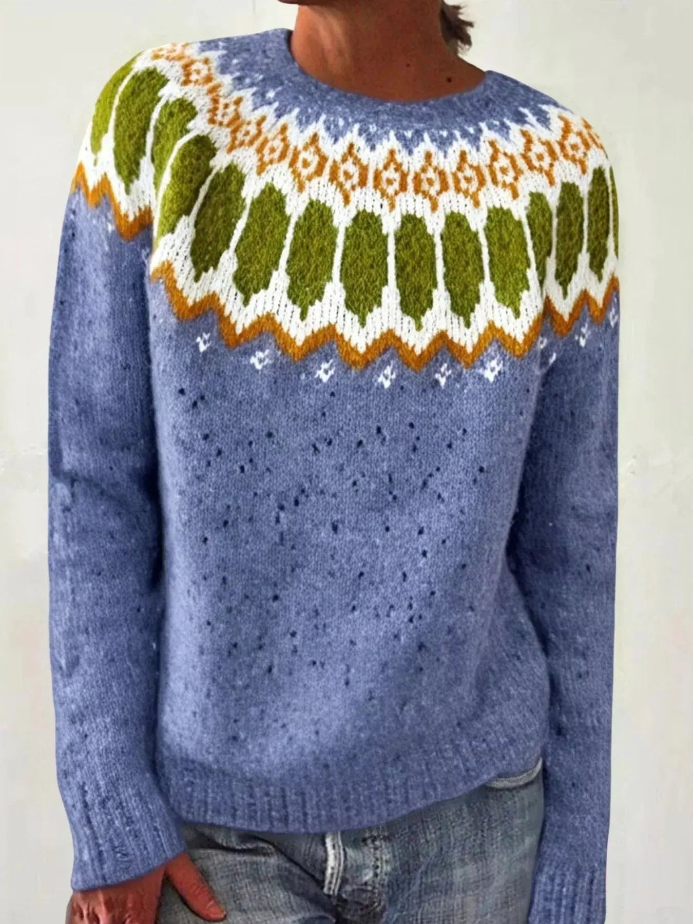 Full Size Vintage Patterned Round Neck Sweater Plus Size Simply Love