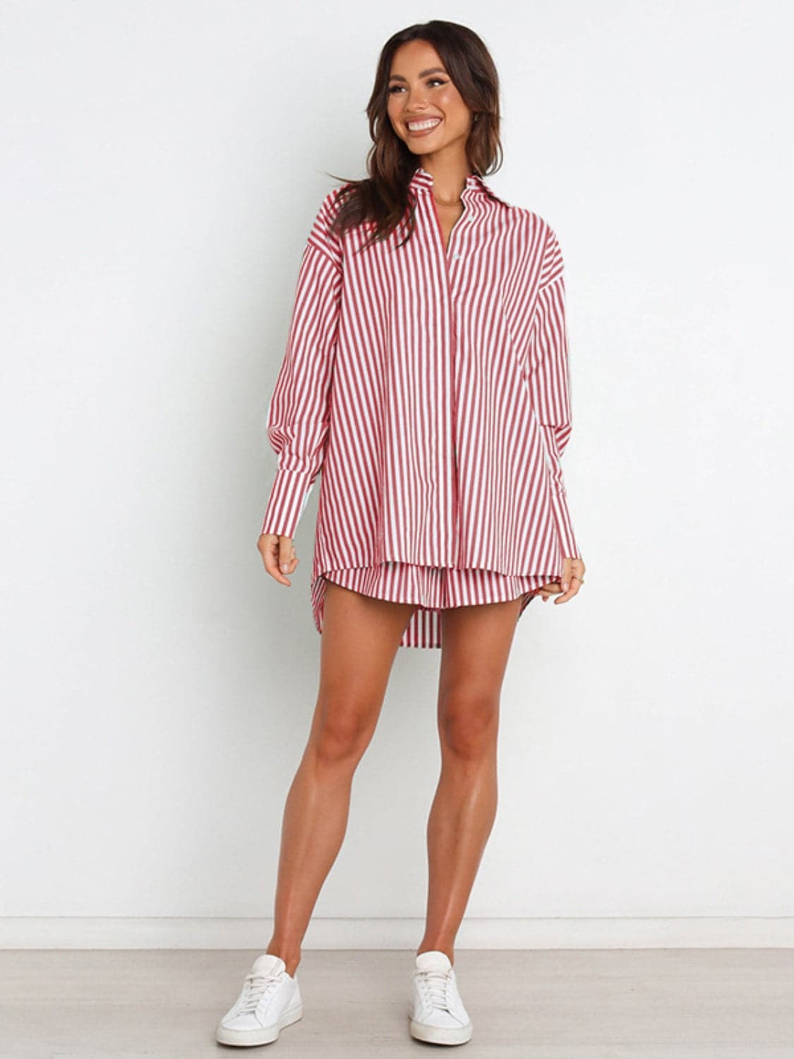 Striped Dropped Shoulder Shirt and Shorts Set.