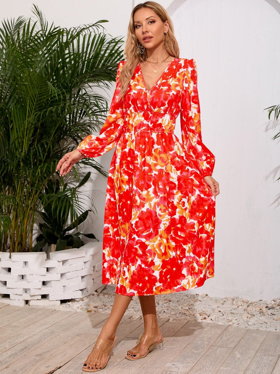 Printed Surplice Long Sleeve Midi Dress.