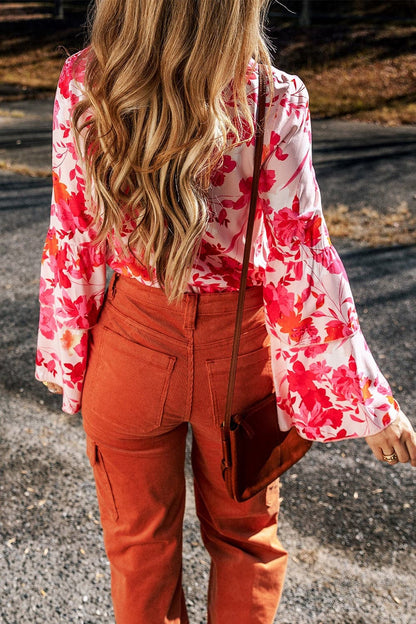 Floral Flare Sleeve Button Up V-Neck Bodysuit.