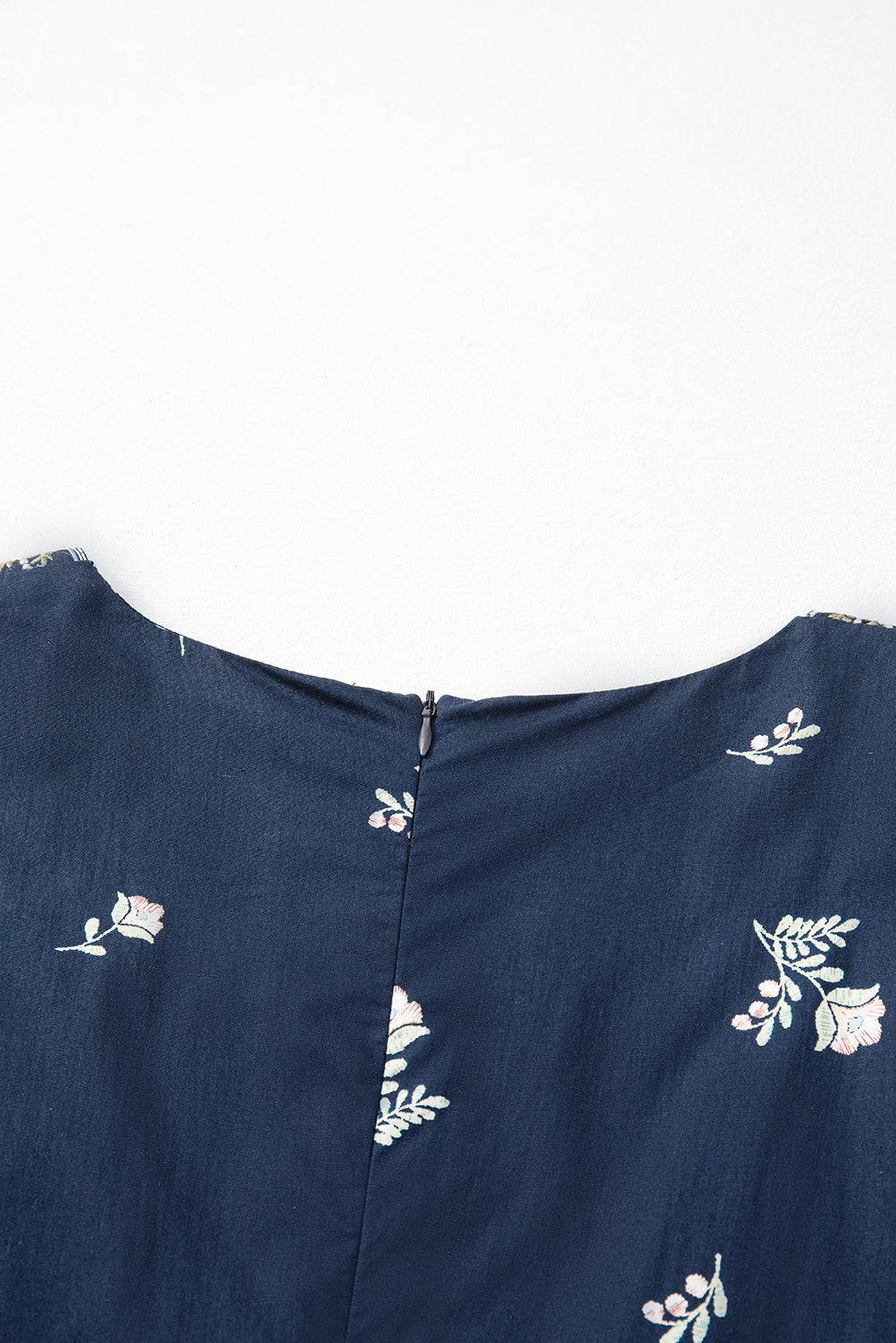 Embroidered Blue Floral Mini Dress with Puff Sleeves and Ruffled Hem