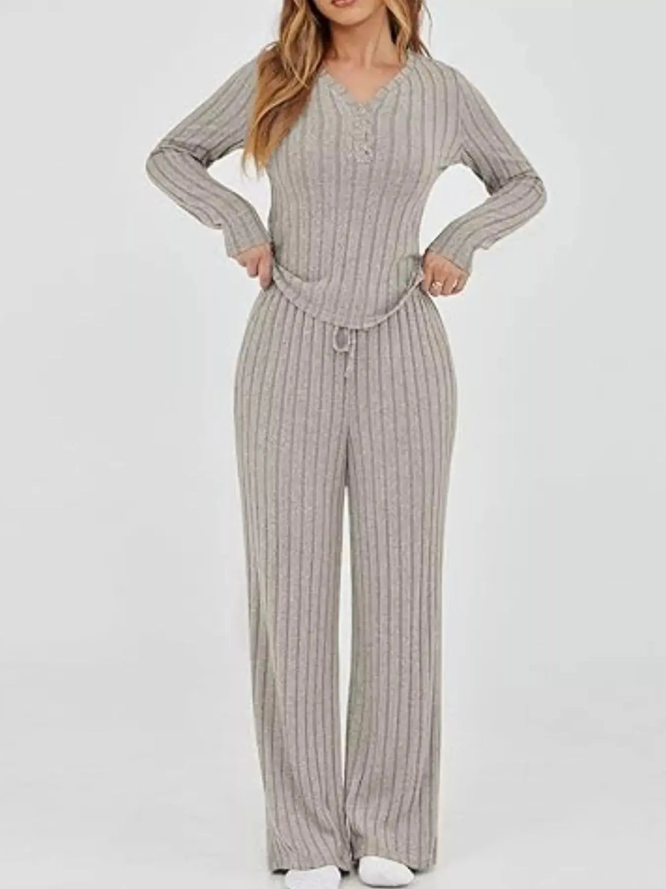 Ribbed Knit Long Sleeve Top and Pants Set Simply Love