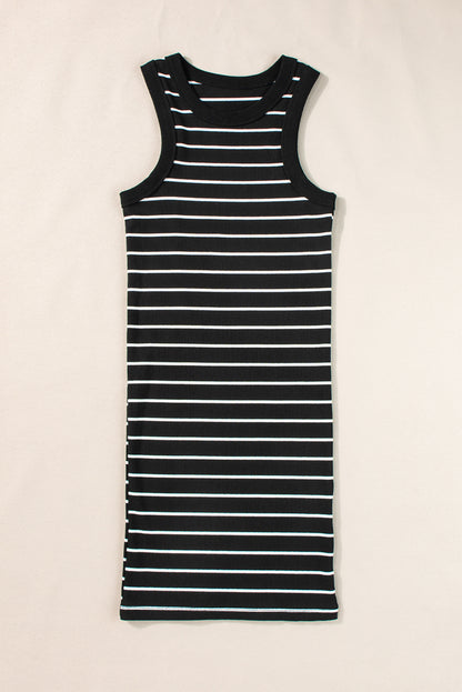 Chic black striped ribbed knit mini tank dress