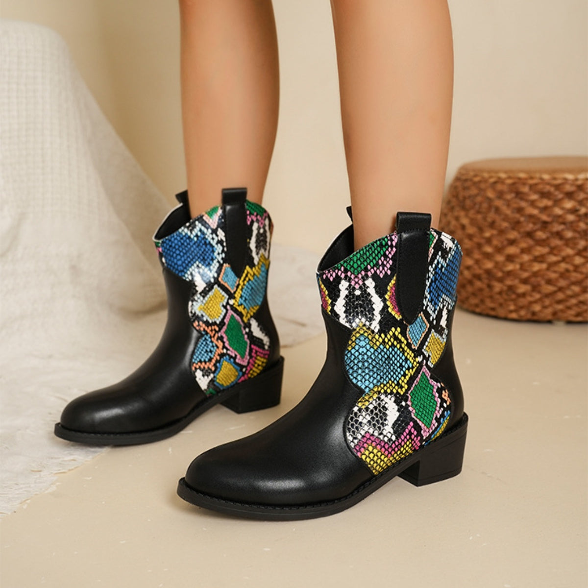 Chic Color Block PU Leather Ankle Boots