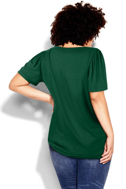 Chic green plus size square neck top with ruched shoulders