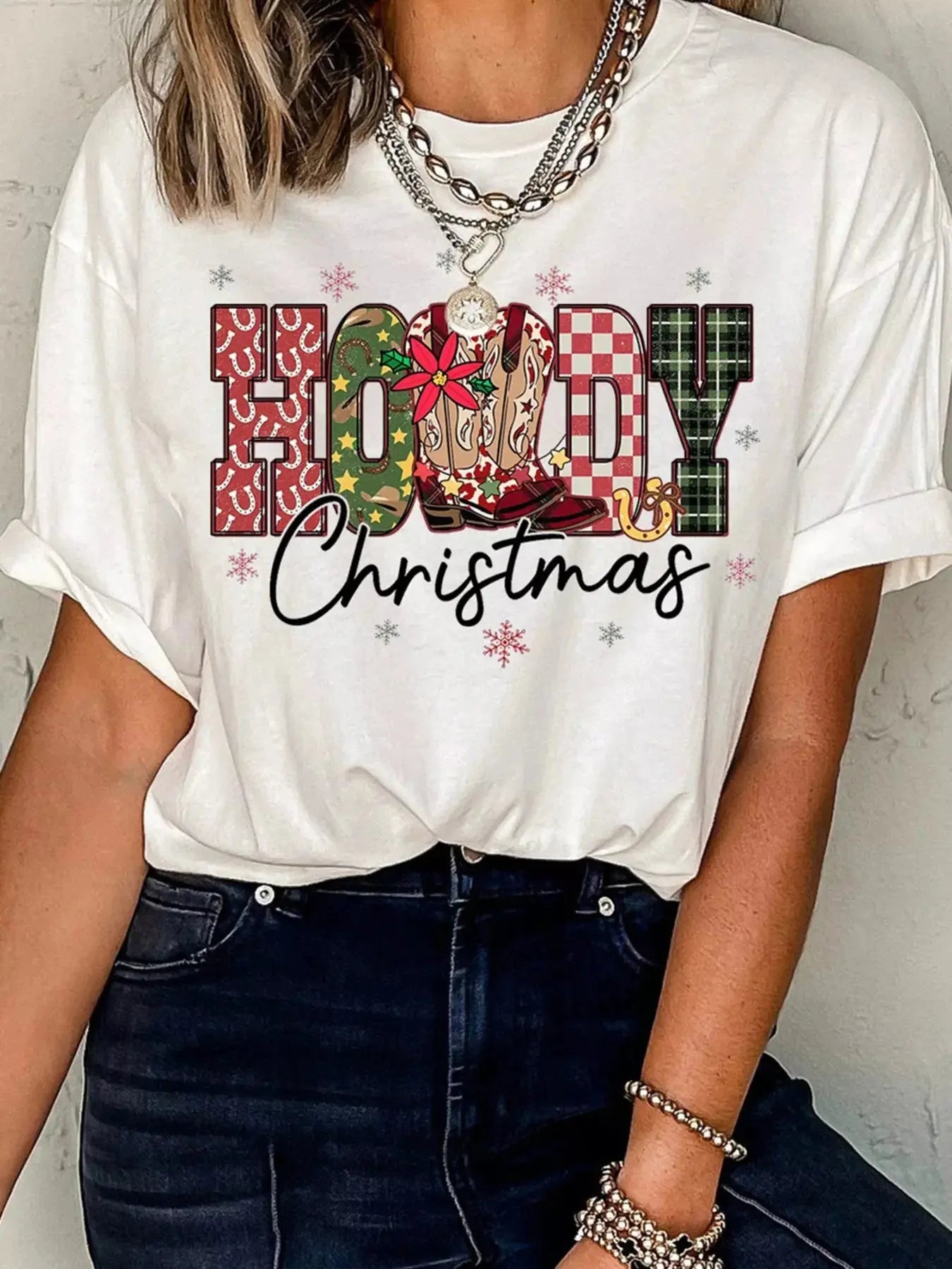 HOWDY Christmas Festive Letter Printed Crew Neck T Shirt Simply Love