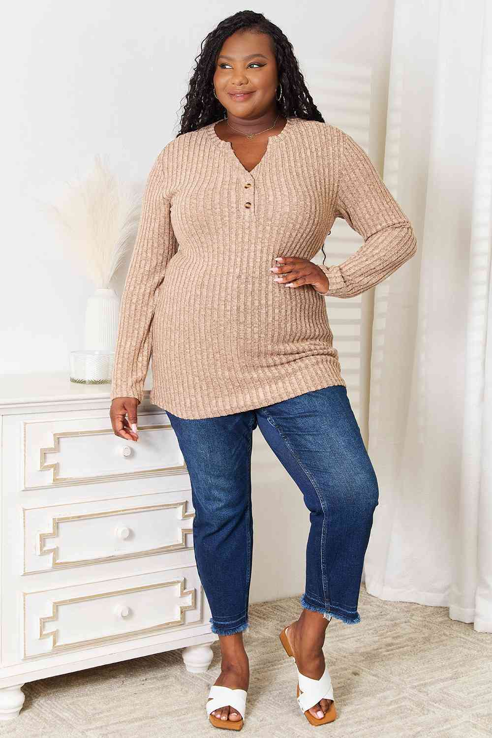 Double Take Notched Neck Ribbed Long Sleeve T-Shirt - Love Salve