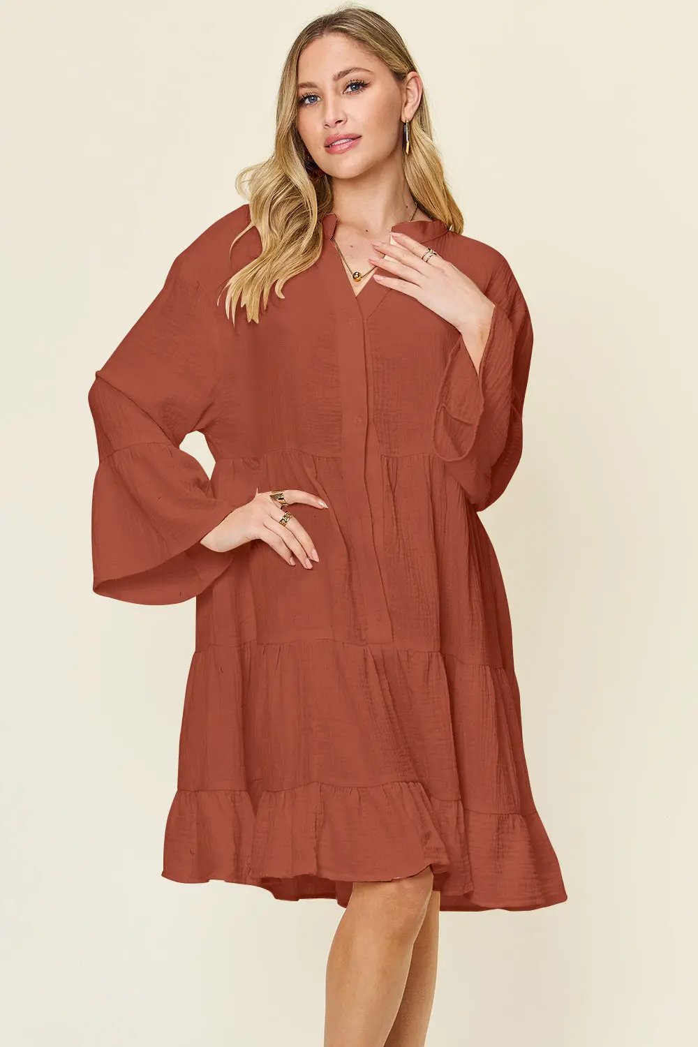 Double Take Full Size Texture Button Up Ruffle Hem Dress - Love Salve